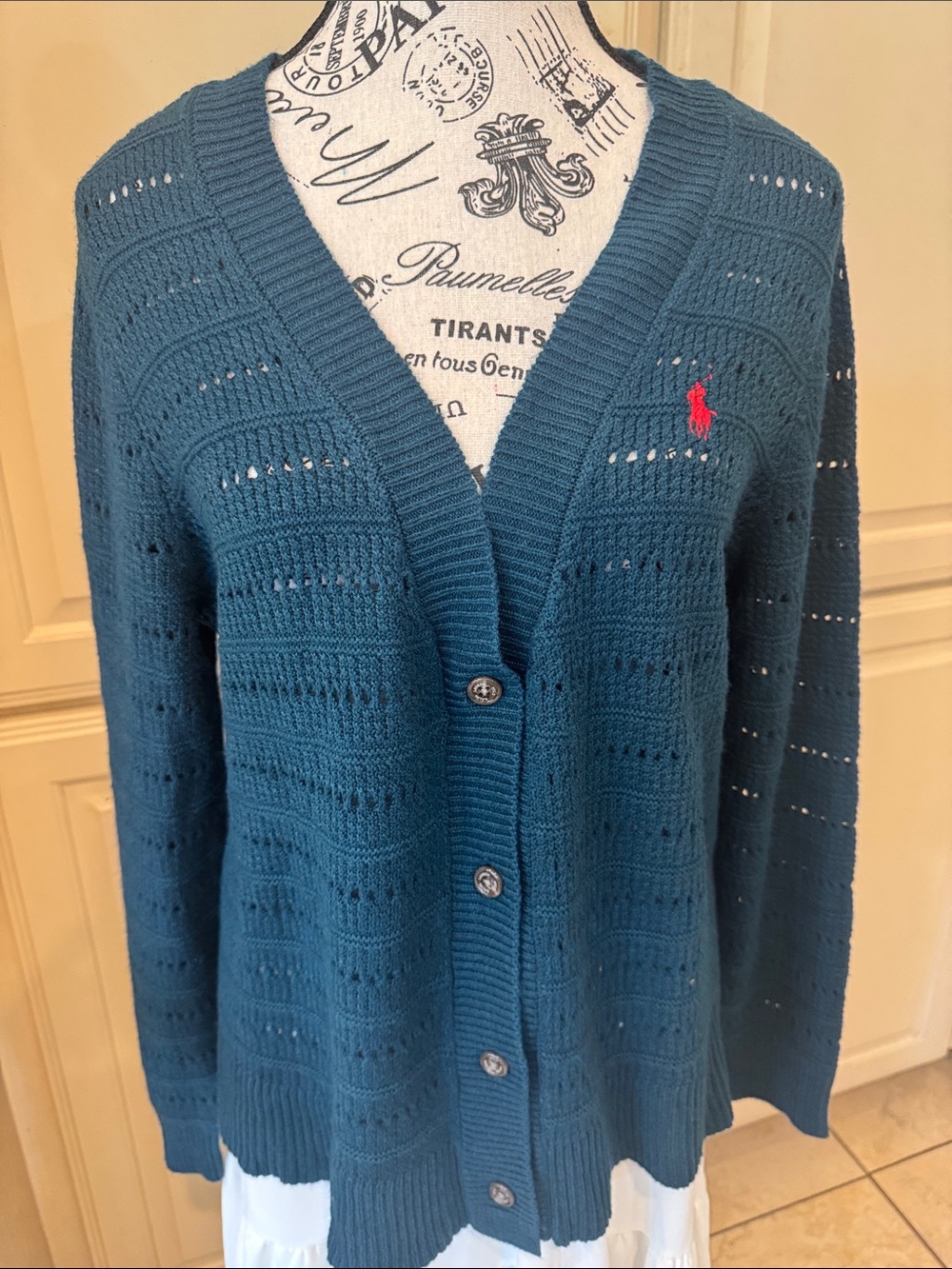 Ralph Lauren Teal Open-Knit V-Neck Button Cardigan with Polo Logo